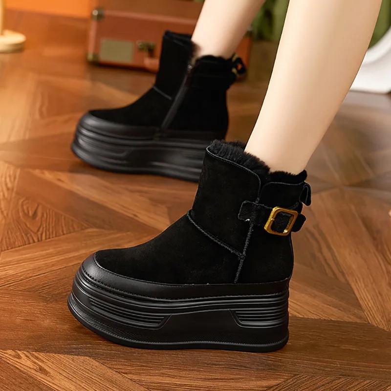 Modische Innenerhöhung Schneestiefel Damen 2025 Winter Neu Dicksohlige Kleine Kurze Stiefel Kälteschutz Leder Samt Warme Damenstiefel