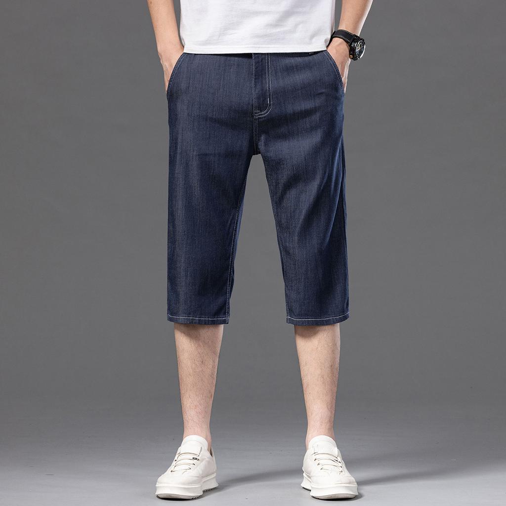 Pantaloncini di Jeans Lyocell Estivi da Uomo a Tre Dimensioni Vita Media Larghi Dritti Corti Elasticizzati Freschi Pantaloni Medi per Uomo
