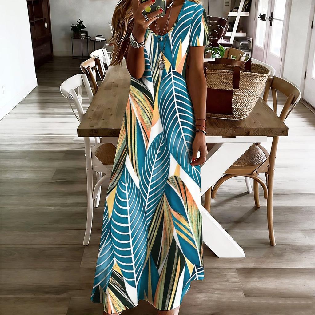 Women Plus Size V Neck Short Sleeve Green Blue Printed Straight Long Dress