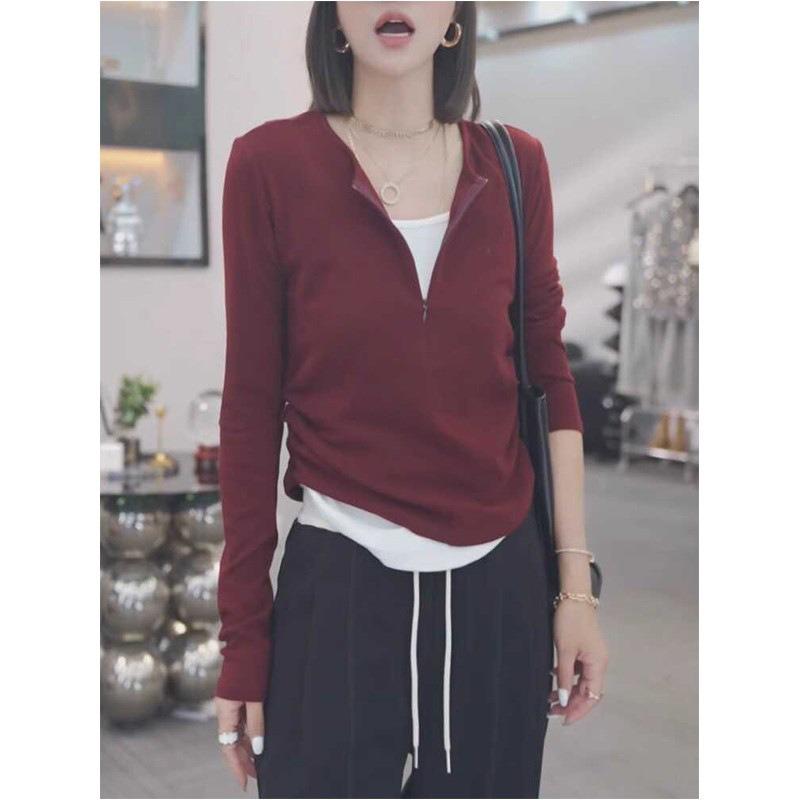 Retro Unique Fake Two-piece Invisible Half-zipper Long-sleeved T-shirt Women's Autumn Popular Pleated Thin Bottoming Shirt