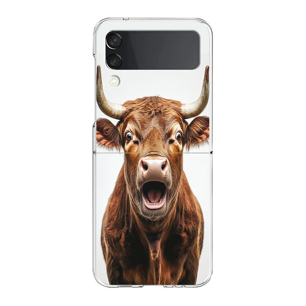Phone Case For Samsung Galaxy Z Flip 3 4 5 Hard Folding Clear PC Bumper For Samsung Z Flip 6 Back Cover Bull Animal