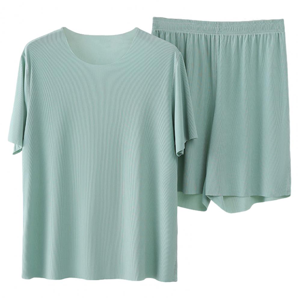 2Pcs/Set Men Loungewear O-Neck Short Sleeve Tops Elastic Waist Wide Leg Shorts Set Solid Color Ice Silk Homewear Seamless Pajama