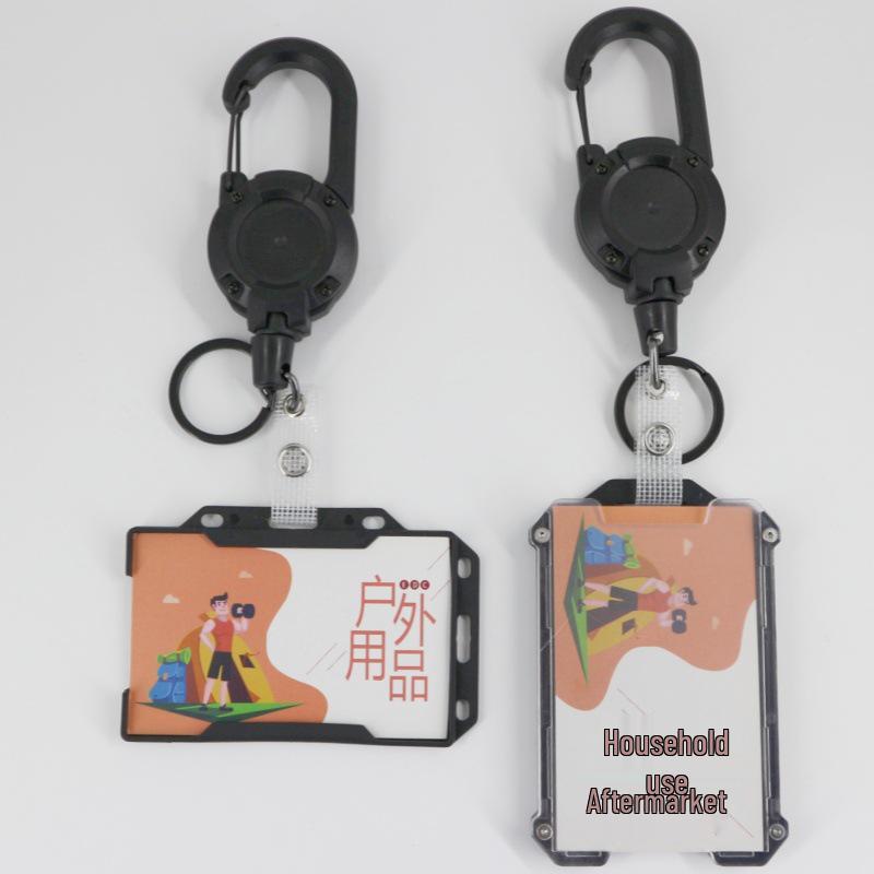 Black Leather Retractable Badge Reel Keychain with Spring Buckle for Backpacks