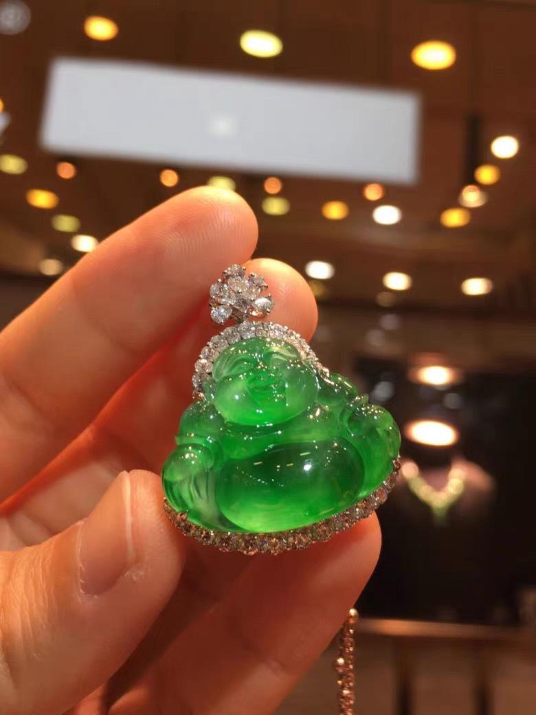 Myanmar Jade Bright Green Buddha and Violet Ring Ice Gourd Pendant