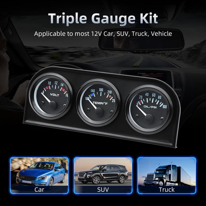 52mm Triple gauge 3 in 1 Volt Meter + 100-250℉ water Temp Gauge+0-100psi Oil Pressure Gauge & Oil Temperature Gauge With Sensor