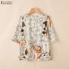ZANZEA Bluză casual de damă cu gât rotund, mânecă scurtă, largă, cu imprimeu