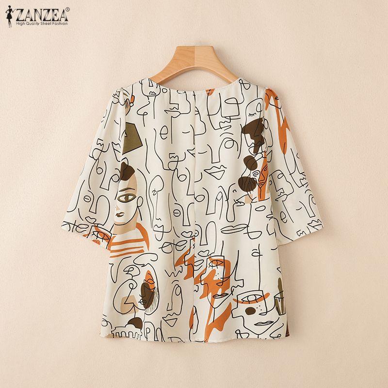 ZANZEA Bluză casual de damă cu gât rotund, mânecă scurtă, largă, cu imprimeu