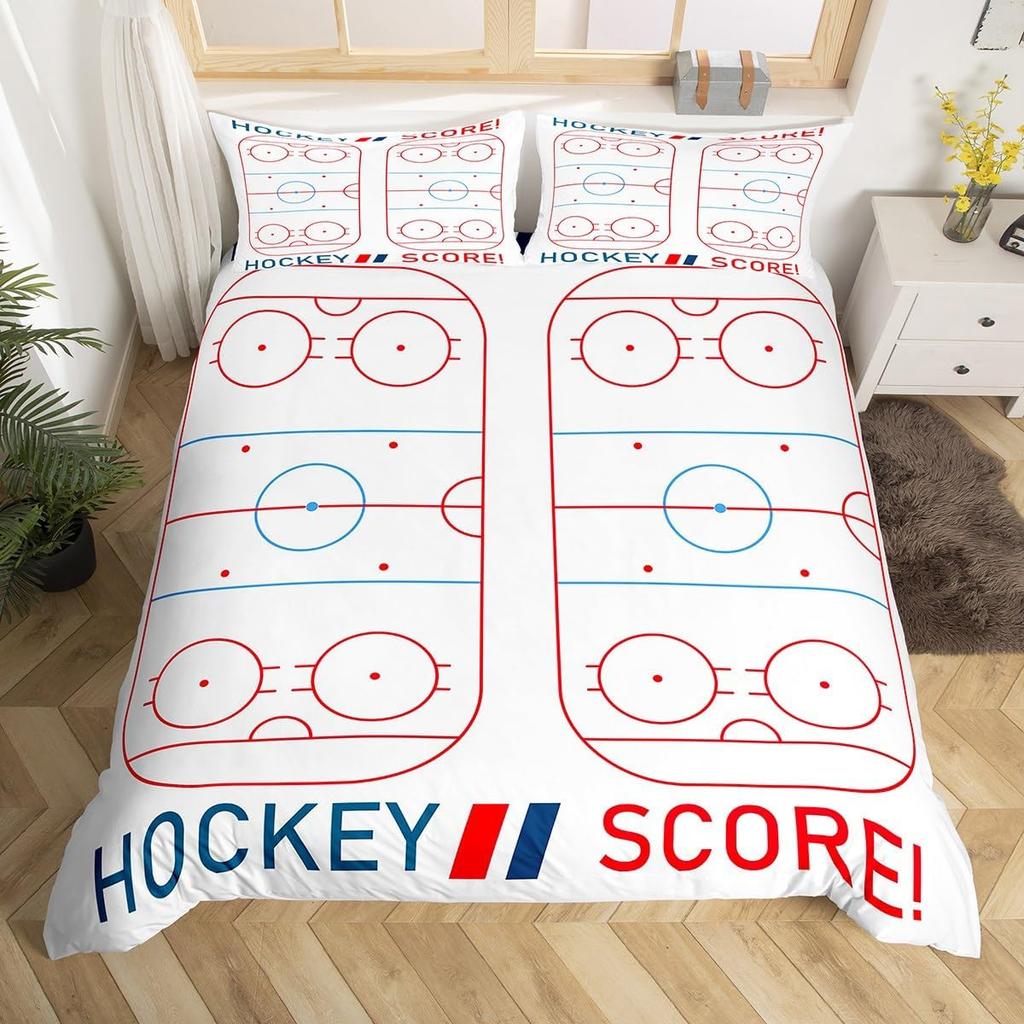 Ice Hockey Duvet Cover Twin Queen for Kids Boys Girl Young Man Winter Ice Sports Games Comforter Cover Helmet Skates Bedding Set