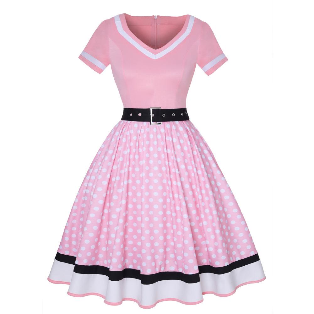 Retro Hepburn Stil Gepunktetes Baumwollkleid mit V-Ausschnitt und breitem Saum