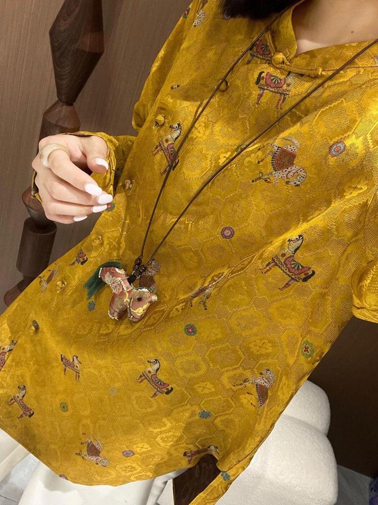 Golden Saddle Embroidered Stand Collar Shirt with Frog Button - New Chinese Style Long Sleeve Top (2026 Design)