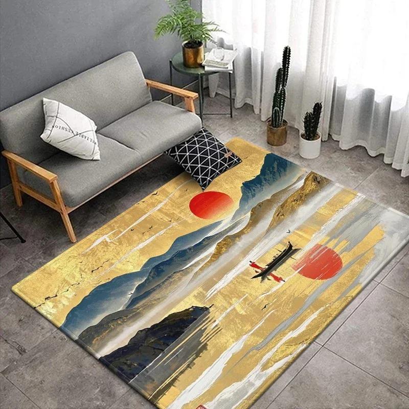 Chinese Landscape Art Area Rug Collection Exquisite Traditional Ink Painting Gold Foil Pattern Floor Mat For Living Room