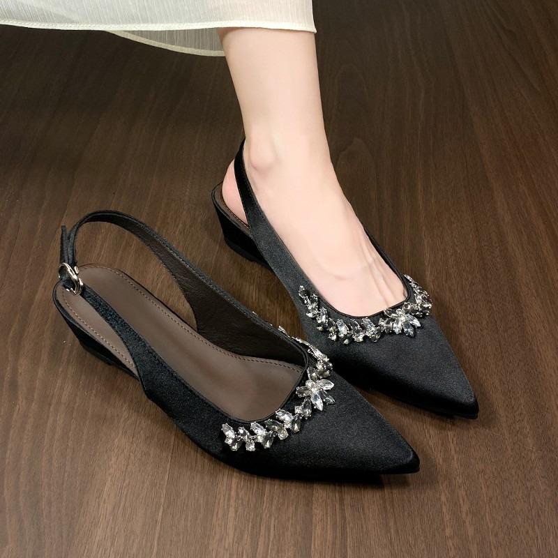 Spring and Summer New Rhinestone Chain One Strap Baotou Sandals Women's Pointed Toe Shallow Mouth Wedge Shoes