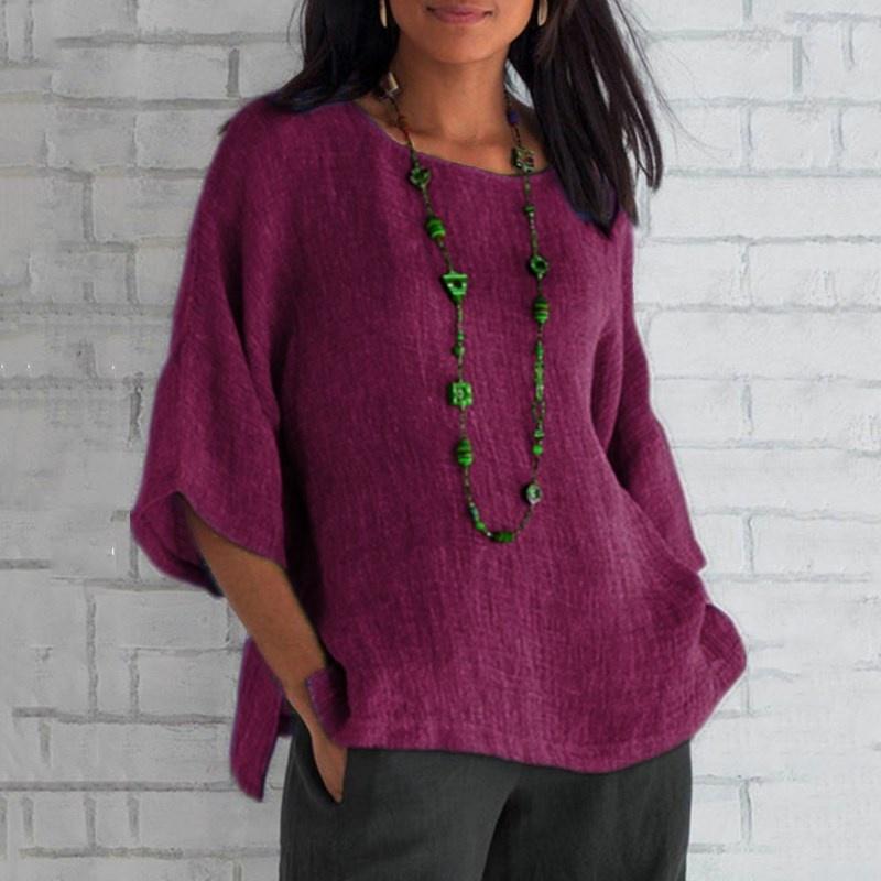 Women's Cotton Linen Round Neck Blouse 3/4 Sleeve Loose Casual Solid Color Summer Top