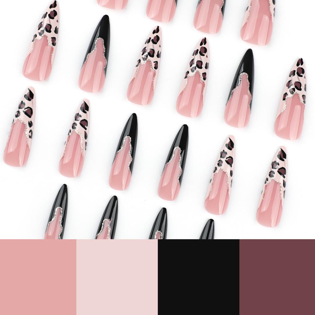 French leopard print manicure, hot-selling wearing nail pads in Europe and America, black splicing fake nails, super long pointed nail pads