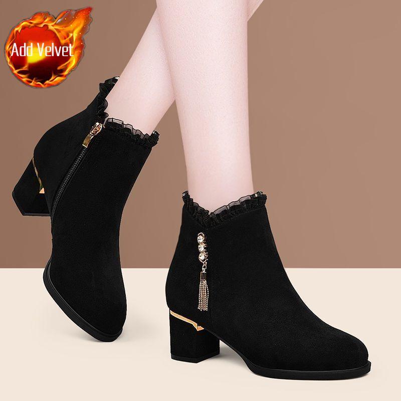 

Модные ботильоны Весна Осень Замшевые ботильоны на щиколотке со стразами для женщин Круглый носок Тренд 2025 Мода Большой размер Теплые Готические Женские Короткие Ботинки 39