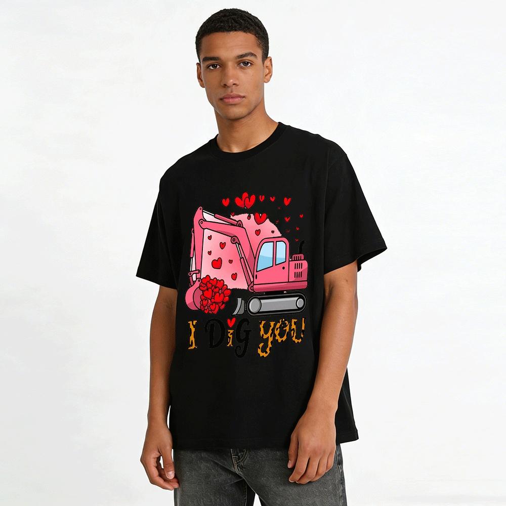 Valentine's Day Pink Excavator I Dig You Graphic Print Tee Pure Cotton T-shirt