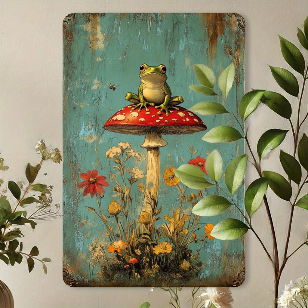 Frog In the Mushroom Rainforest Retro Metal Tin Sign, Home Decoration Tin Painting, Fun Wall Art for Home