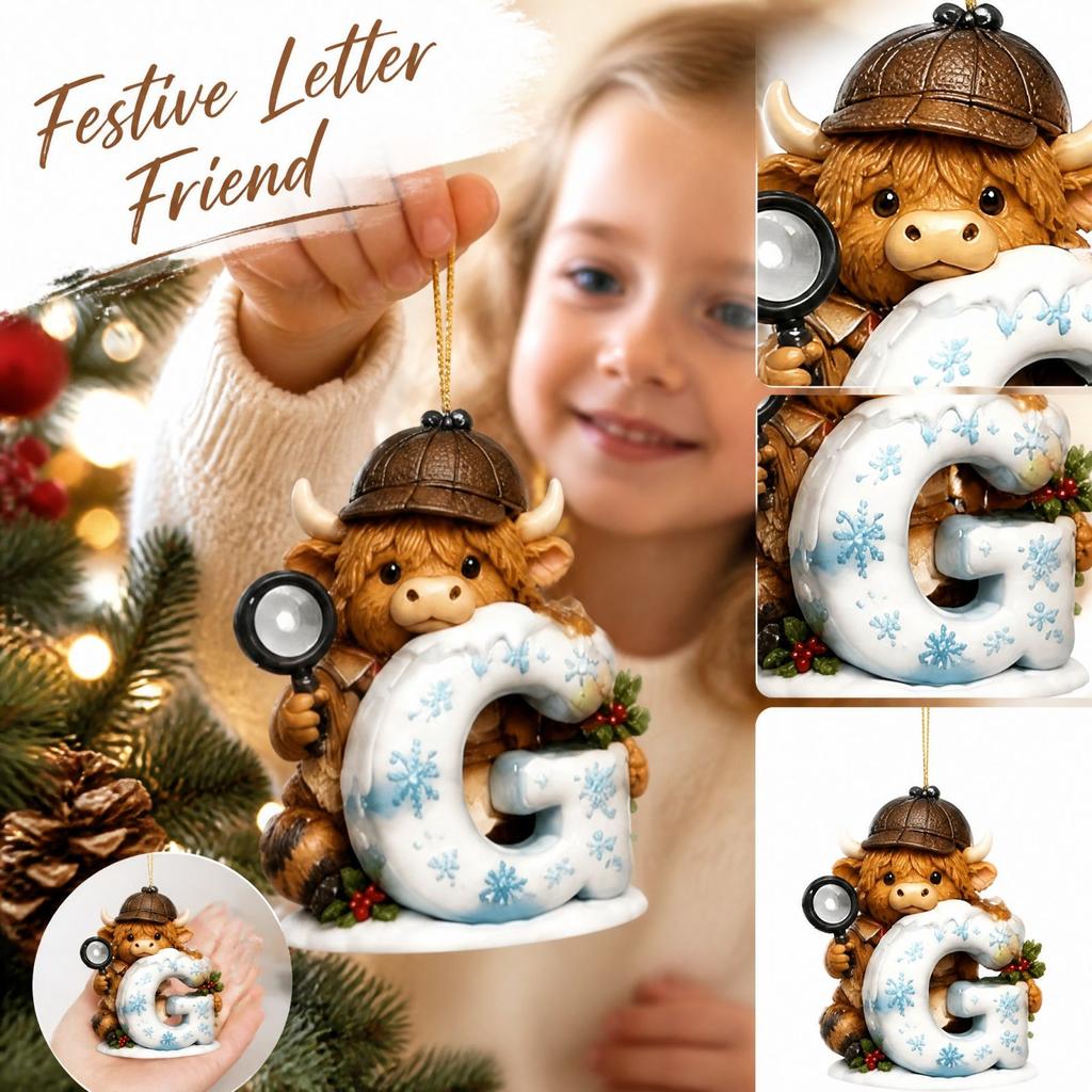 Weihnachts-Kuh-Ornament mit 26 Buchstaben, 2D Acryl Hängedekoration für den Weihnachtsbaum