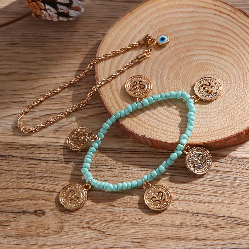 Anklet, Handmade String Of Rice Beads, Exquisite Twist Chain, Devil'S Eye, Round Pendant, Anklet 2-Piece Set