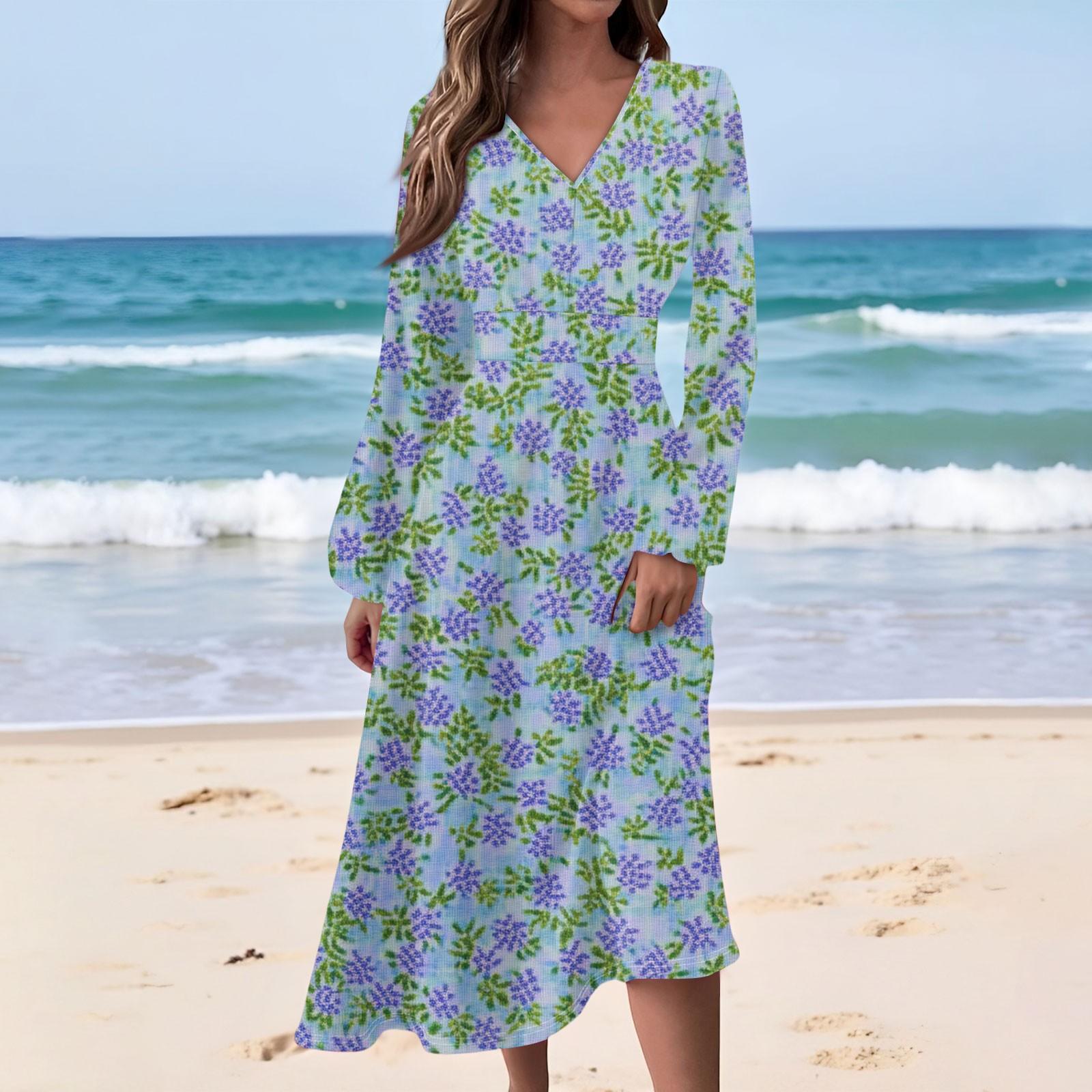 

Жіноча Повсякденна Мода Квітковий Принт V-подібний Виріз Довгий Рукав Талія Довга Сукня L