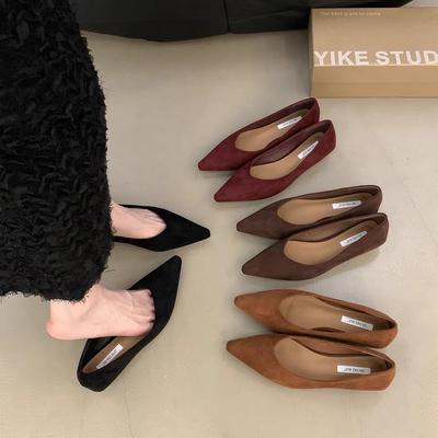 Retro Low-heeled Pointed-toed Shallow-mouth Single Shoes Women's Shoes 2025 New Spring and Autumn Suede Temperament One-pedal Commuter Shoes