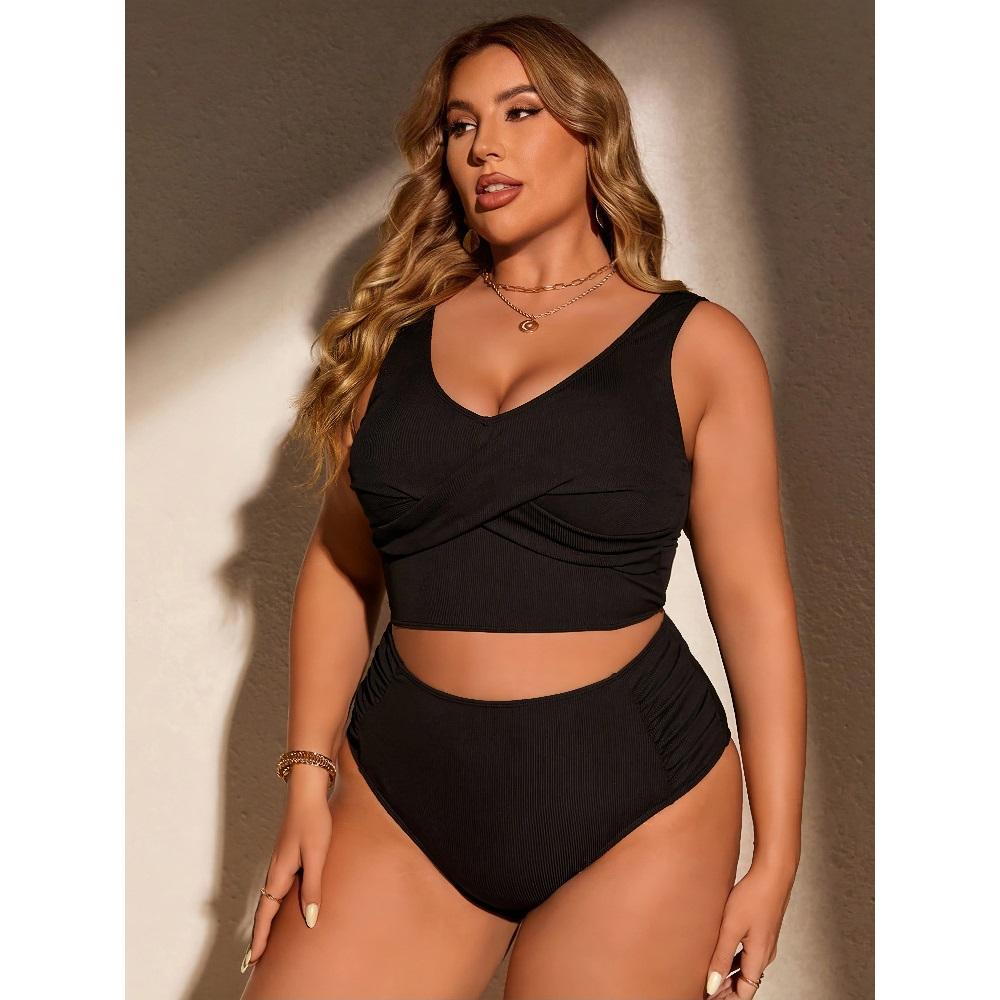 Women's Plus Size High Waist Two Piece Swimsuit, Modest Solid Ribbed Bathing Suit, Tummy Control Ruched Bikini Set