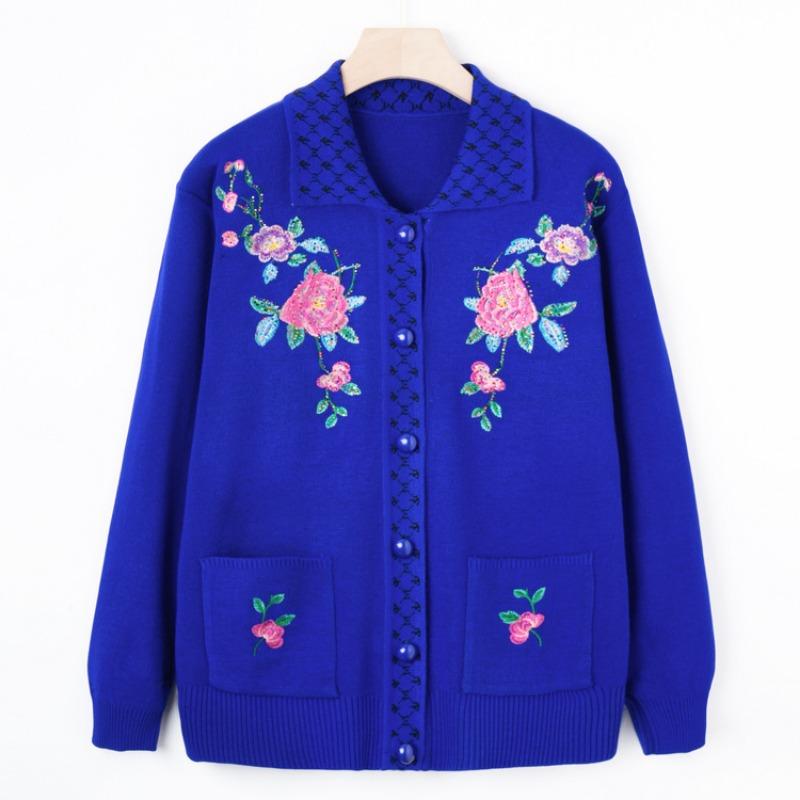 Middle-aged and Old Women's Clothing New Autumn Embroidered Sweater Jacket Grandma Knitted Sweater Lapel Top Mom Cardigan