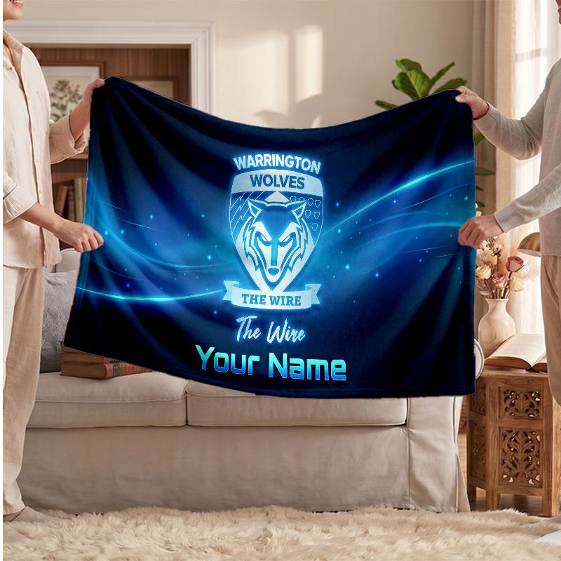 Warrington Wolves FC Personalized Fleece Blanket With Football Logo, Custom Name Text Soft Warm Home Throw Blanket