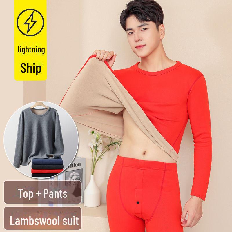 

Мужской бесшовный комплект термобелья из овчины с толстым бархатом – однотонный круглый вырез сверху и снизу для зимы 3XL красный