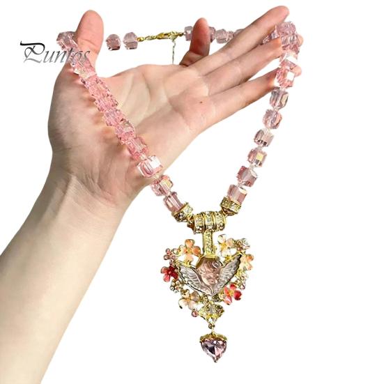 Bequem sitzende Halskette Vintage Engelsanhänger Halskette, Funkelnde klobige Perlen Rosa Kunstdiamant Herz Retro Schmuck für Frauen Liebe goldgelb