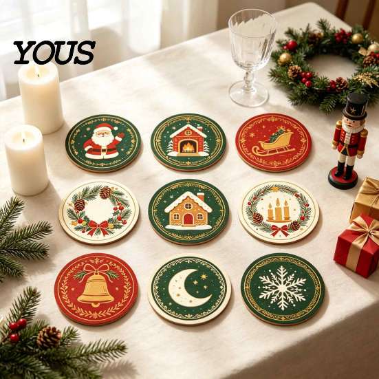 Decorative Table Protectors 9Pcs Christmas Wooden Coasters Set, Heat Resistant Cup Mats, Waterproof Round Wood Protection Mats for Home Office