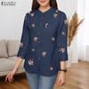 ZANZEA Women Casual Round Neck 3/4 Sleeve Loose Floral Print Blouse