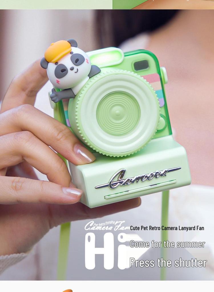 Portable Retro Camera Fan with USB Rechargeable Battery and Lanyard