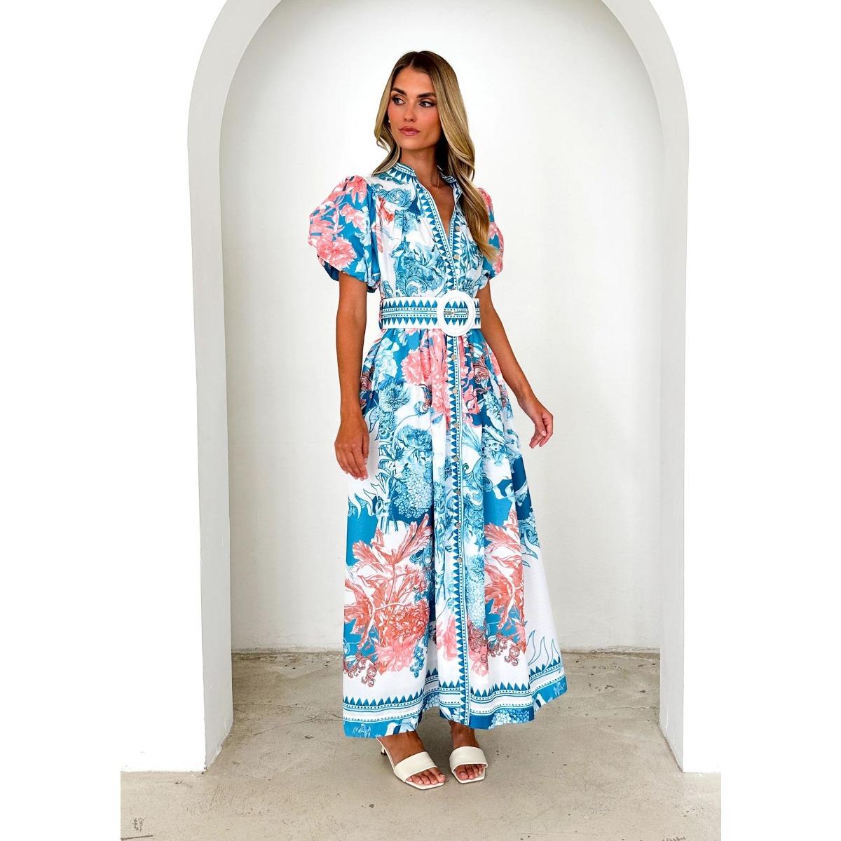 

Новое летнее модное и повседневное длинное платье с принтами и завязками S синий