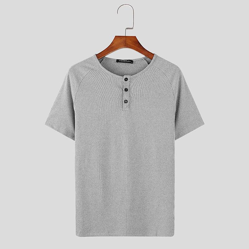 INCERUN Summer Men Short Sleeve Casual Texture Henley Tops T-shirts