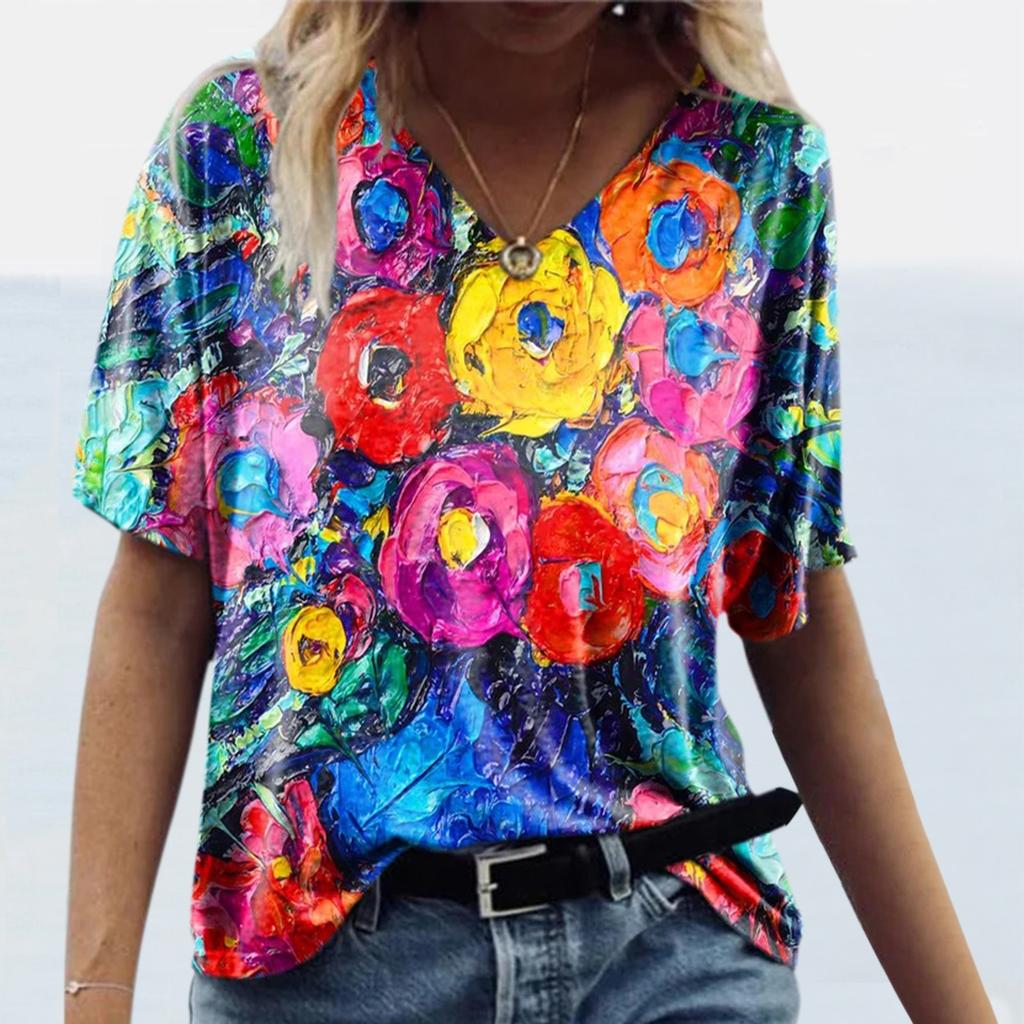 Women Floral  Print V-Neck Short-Sleeved Top T-Shirt