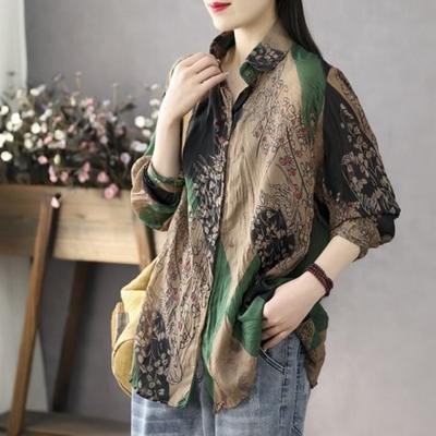 Retro Literary Cotton Shirt Women Retro Printed Loose Lazy Style Shirt Bottoming Shirt Women