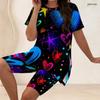 Women Plus Size 2 Piece Set Crew Neck Short Sleeve Side Slit Top Biker Shorts Neon Graffiti Heart Star Print Outfit