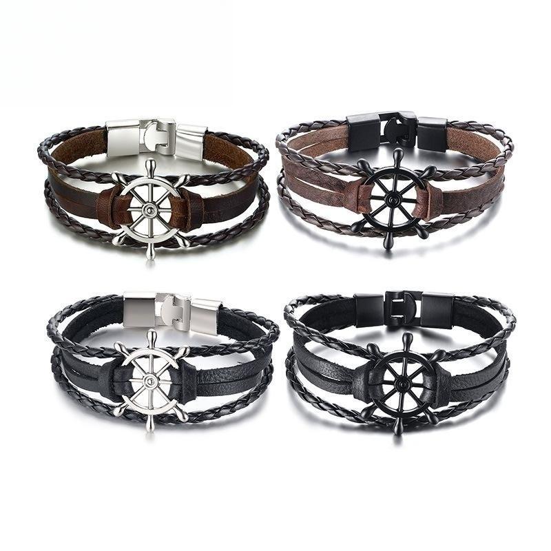 Fashion Retro Men's Ship Rudder Charm Bracelet Men's Multi Layer Leather Rope Chain Wrist Bracelet Ornaments Party Jewelry Gifts