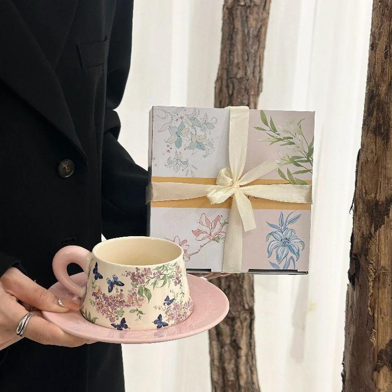 Vintage ceramic cups and saucers, crape myrtle flower oil painting coffee cup and saucer set, afternoon tea, latte mug, souvenir gift box