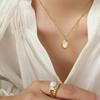 Women's Gold-Plated Titanium Steel Geometric Oval Pendant Necklace with White Mother-of-Pearl Inlay