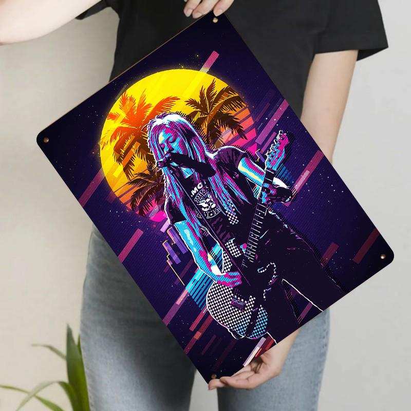

Rock Female Singer Guitar Performance Sunset City Silhouette Vintage Metal Tin Sign Home Decor Wall Art 20x30cm（7.8x11.8inch）