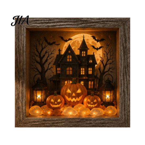 Seasonal Interior Decor Halloween Shadow Box Frame DIY Lighted Craft Kit, Wooden Night Light with Unique Gift for Lovers Sea Glass Stones, Gothic LED