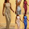 Tuta Lunga da Donna Senza Maniche Scollo O con Cintura Paillettes Glitter Gamba Larga
