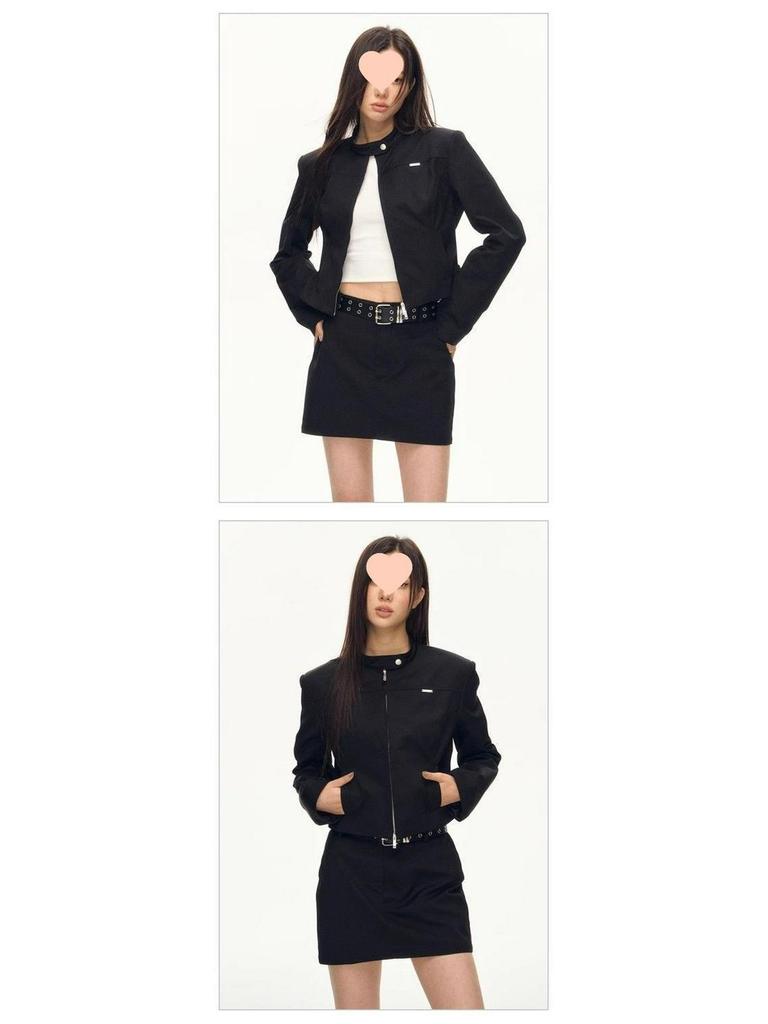 Amerikanische Retro Cool Hot Girl Schwarze Stehkragen Schlankmachende Frühlingsjacke für Damen