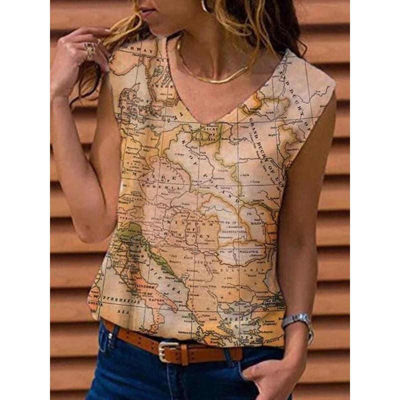 Women Summer Map Printed V Neck Sleeveve Casual T-shirt Top