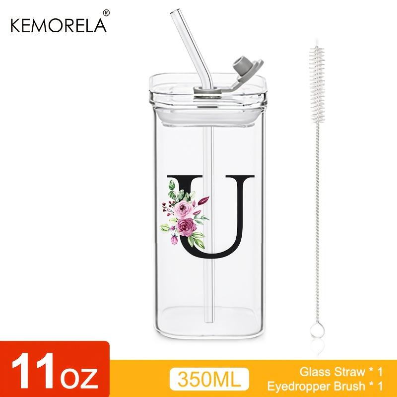 1 STÜCK 24 Buchstabenförmige Glastrinkbecher mit Deckel und Strohhalm Kaffeebecher 300ML Klarer quadratischer Trinkbecher für Kaffee Bier Milch