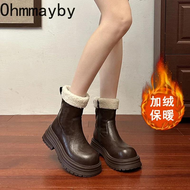 Winter Women Warm Plush Snow Boots Fashion Back Zippers Short Booties Concise Thick Heel Women's Cotton Shoes