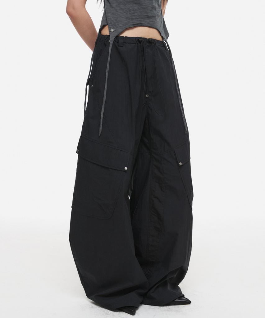 DNSR (W) Studded Nylon Curved Cargo Pants Black