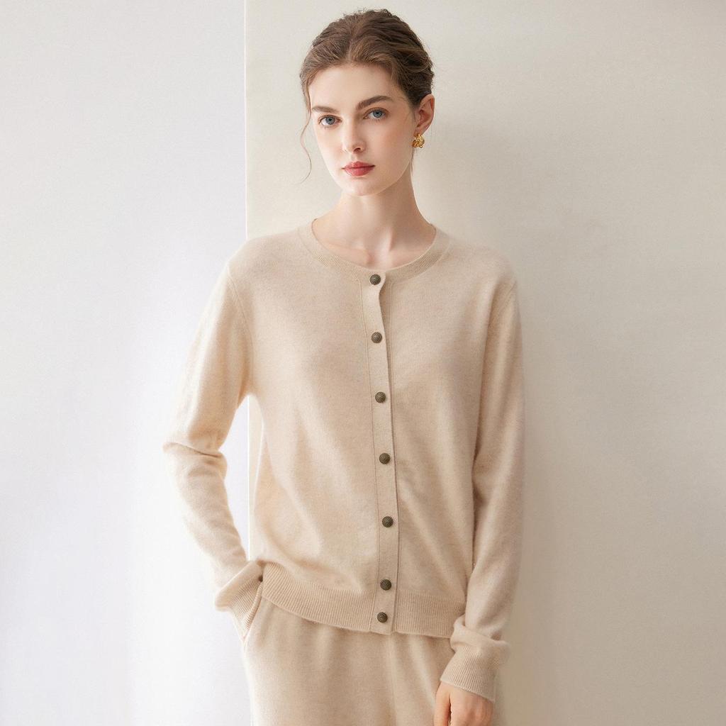 Women's 2026 Autumn/Winter Pure Cashmere Round Neck Cardigan - Single-Breasted, Commuter Style Sweater Jacket
